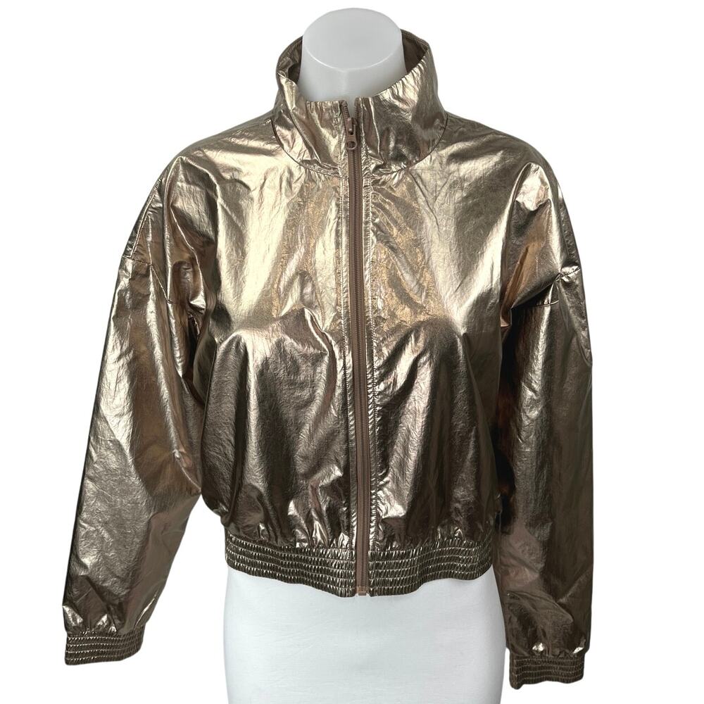 Victoria Sport Women's Gold Metallic Zip Up High Neck Crop Bomber Coat Jacket XS